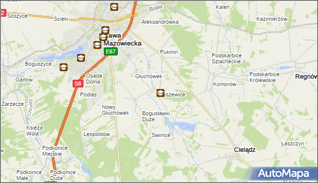 mapa Byszewice gmina Rawa Mazowiecka, Byszewice gmina Rawa Mazowiecka na mapie Targeo