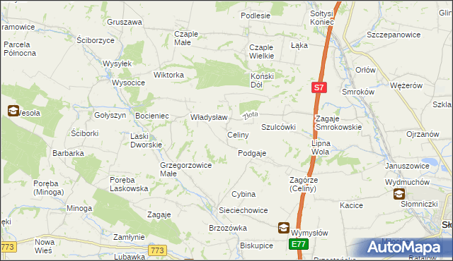 mapa Celiny gmina Iwanowice, Celiny gmina Iwanowice na mapie Targeo