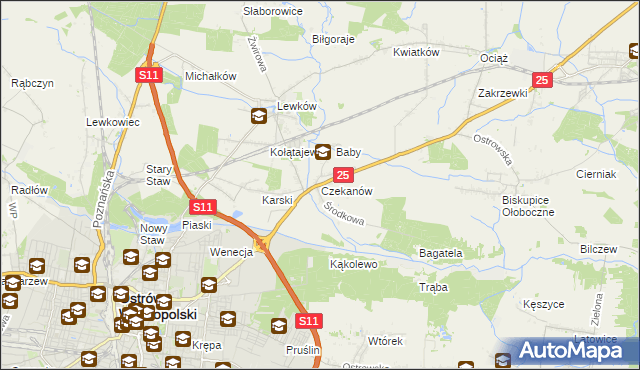 mapa Czekanów gmina Ostrów Wielkopolski, Czekanów gmina Ostrów Wielkopolski na mapie Targeo