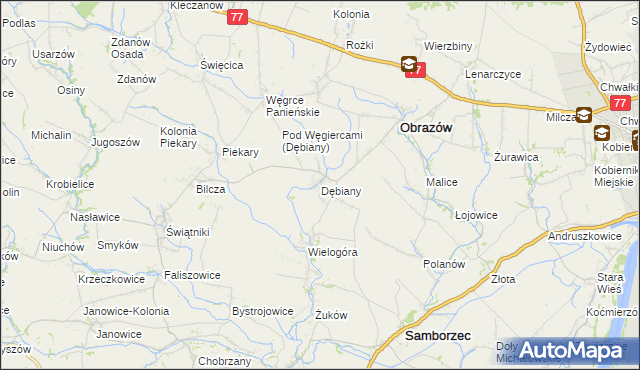 mapa Dębiany gmina Obrazów, Dębiany gmina Obrazów na mapie Targeo