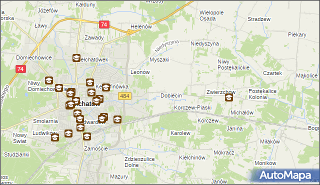 mapa Dobiecin gmina Bełchatów, Dobiecin gmina Bełchatów na mapie Targeo