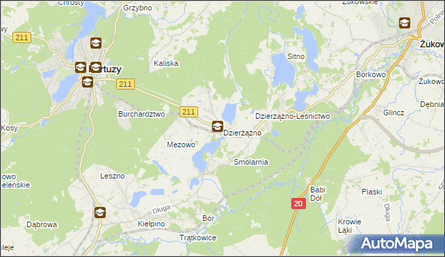 mapa Dzierżążno gmina Kartuzy, Dzierżążno gmina Kartuzy na mapie Targeo