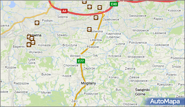 mapa Gaj gmina Mogilany, Gaj gmina Mogilany na mapie Targeo