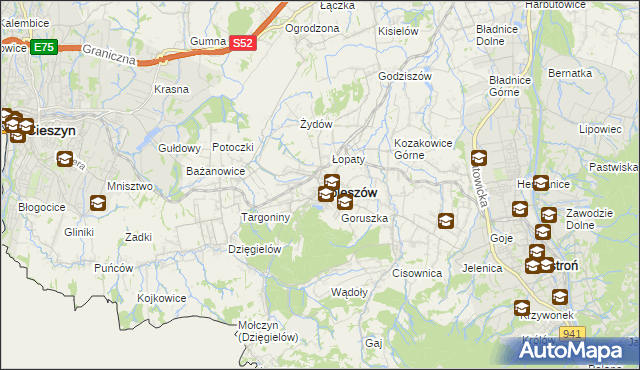 mapa Goleszów powiat cieszyński, Goleszów powiat cieszyński na mapie Targeo