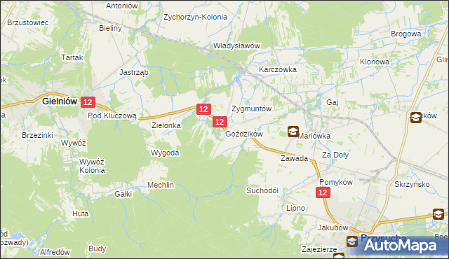 mapa Goździków gmina Gielniów, Goździków gmina Gielniów na mapie Targeo