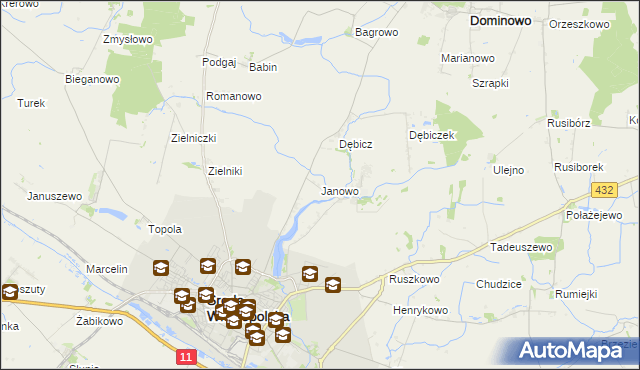 mapa Janowo gmina Środa Wielkopolska, Janowo gmina Środa Wielkopolska na mapie Targeo
