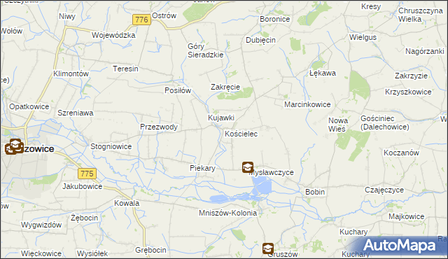 mapa Kościelec gmina Proszowice, Kościelec gmina Proszowice na mapie Targeo