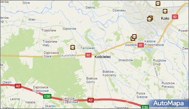 mapa Kościelec powiat kolski, Kościelec powiat kolski na mapie Targeo