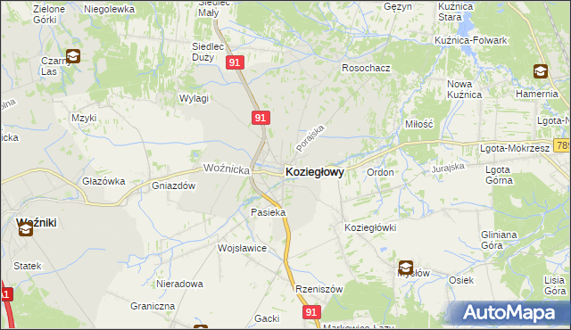mapa Koziegłowy powiat myszkowski, Koziegłowy powiat myszkowski na mapie Targeo