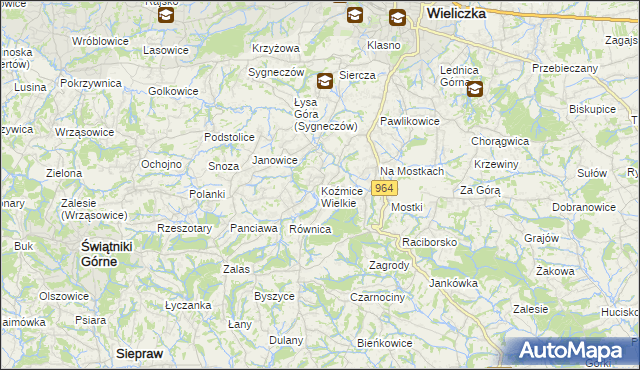 mapa Koźmice Wielkie, Koźmice Wielkie na mapie Targeo