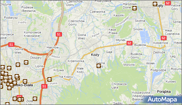 mapa Kozy powiat bielski, Kozy powiat bielski na mapie Targeo