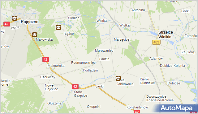 mapa Ładzin gmina Pajęczno, Ładzin gmina Pajęczno na mapie Targeo