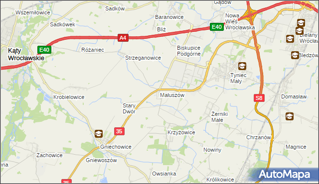 mapa Małuszów gmina Kobierzyce, Małuszów gmina Kobierzyce na mapie Targeo