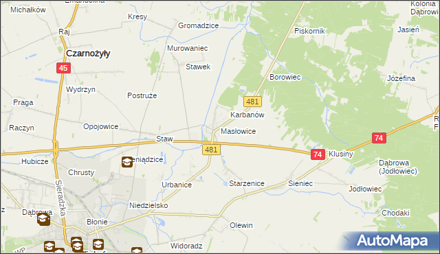 mapa Masłowice gmina Wieluń, Masłowice gmina Wieluń na mapie Targeo