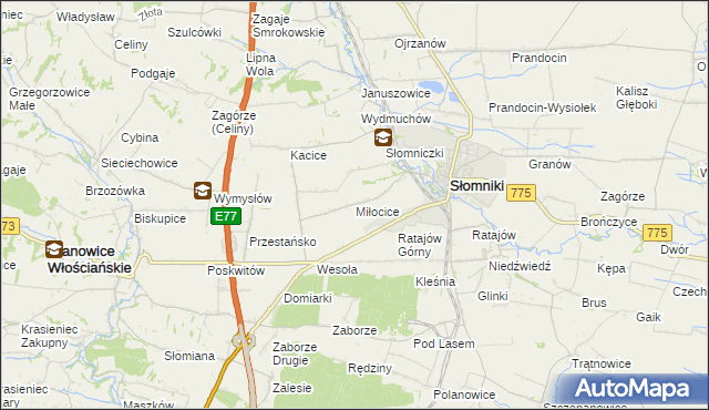 mapa Miłocice gmina Słomniki, Miłocice gmina Słomniki na mapie Targeo