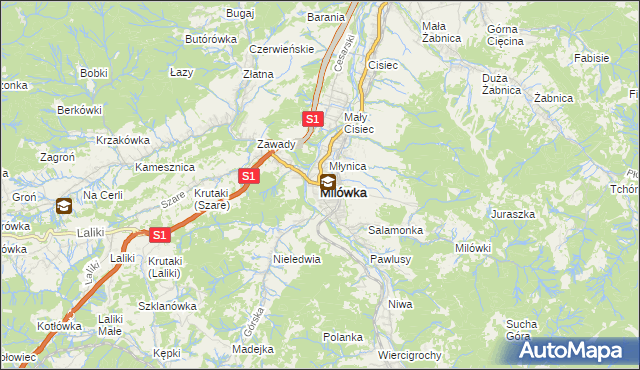 mapa Milówka powiat żywiecki, Milówka powiat żywiecki na mapie Targeo