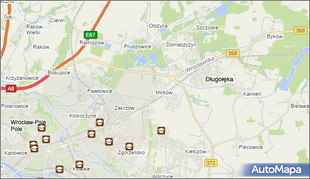 mapa Mirków gmina Długołęka, Mirków gmina Długołęka na mapie Targeo