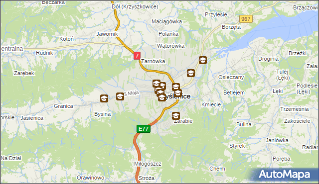 mapa Myślenice, Myślenice na mapie Targeo