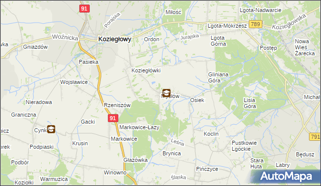 mapa Mysłów gmina Koziegłowy, Mysłów gmina Koziegłowy na mapie Targeo