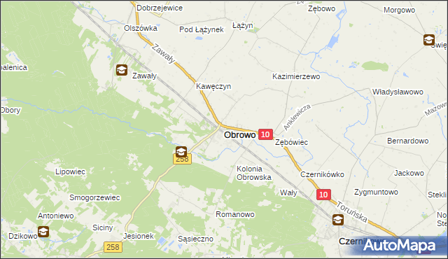 mapa Obrowo powiat toruński, Obrowo powiat toruński na mapie Targeo