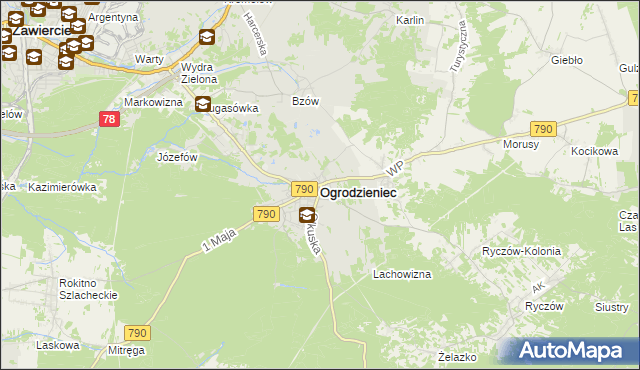 mapa Ogrodzieniec powiat zawierciański, Ogrodzieniec powiat zawierciański na mapie Targeo