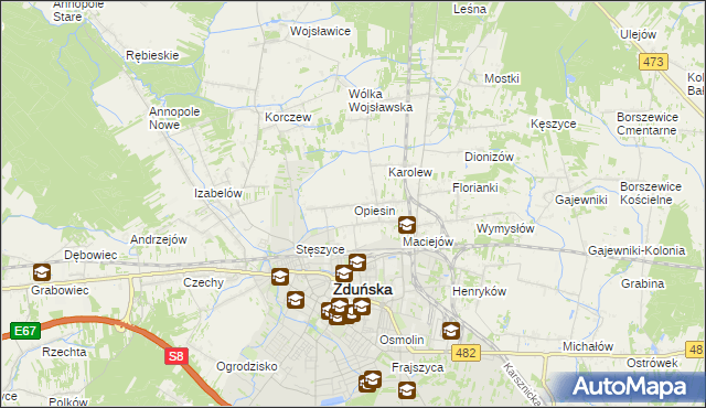 mapa Opiesin gmina Zduńska Wola, Opiesin gmina Zduńska Wola na mapie Targeo