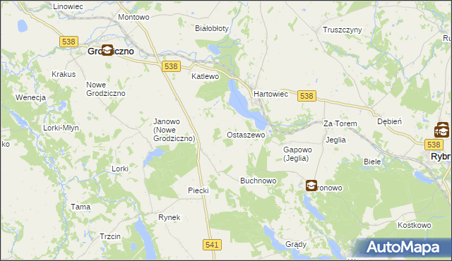 mapa Ostaszewo gmina Grodziczno, Ostaszewo gmina Grodziczno na mapie Targeo