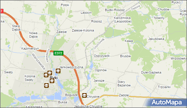 mapa Oszczywilk gmina Ryki, Oszczywilk gmina Ryki na mapie Targeo