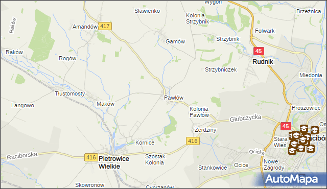 mapa Pawłów gmina Pietrowice Wielkie, Pawłów gmina Pietrowice Wielkie na mapie Targeo