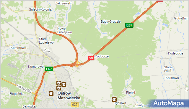 mapa Podborze gmina Ostrów Mazowiecka, Podborze gmina Ostrów Mazowiecka na mapie Targeo