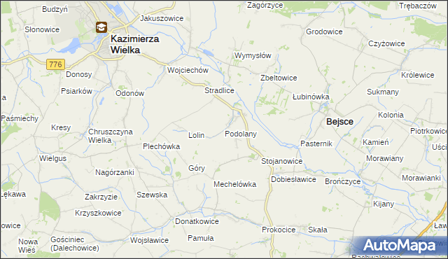 mapa Podolany gmina Kazimierza Wielka, Podolany gmina Kazimierza Wielka na mapie Targeo
