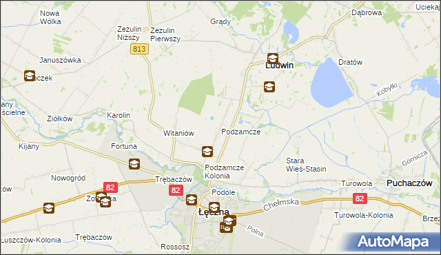 mapa Podzamcze gmina Łęczna, Podzamcze gmina Łęczna na mapie Targeo