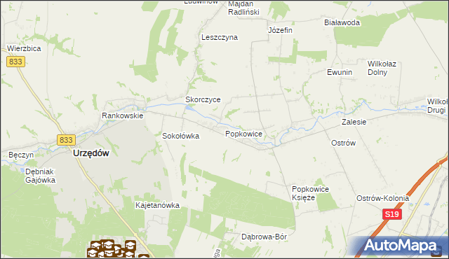 mapa Popkowice gmina Urzędów, Popkowice gmina Urzędów na mapie Targeo