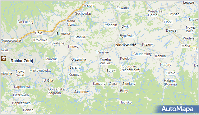 mapa Poręba Wielka gmina Niedźwiedź, Poręba Wielka gmina Niedźwiedź na mapie Targeo