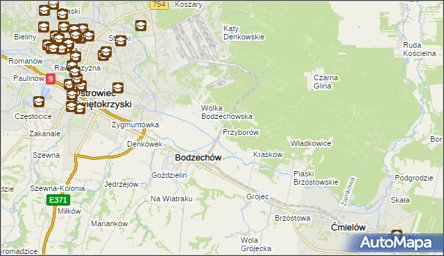 mapa Przyborów gmina Bodzechów, Przyborów gmina Bodzechów na mapie Targeo