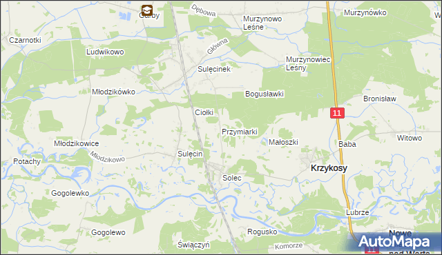 mapa Przymiarki gmina Krzykosy, Przymiarki gmina Krzykosy na mapie Targeo