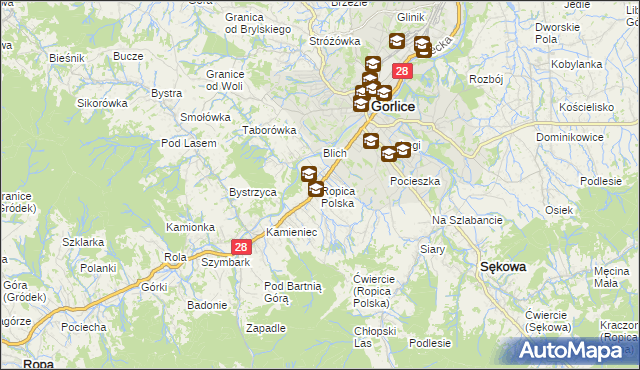 mapa Ropica Polska, Ropica Polska na mapie Targeo