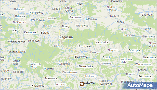 mapa Rozdziele gmina Żegocina, Rozdziele gmina Żegocina na mapie Targeo