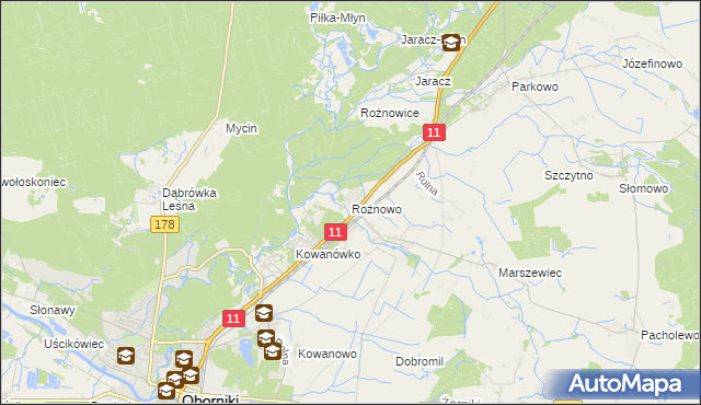 mapa Rożnowo gmina Oborniki, Rożnowo gmina Oborniki na mapie Targeo