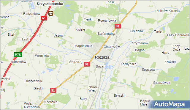mapa Rozprza powiat piotrkowski, Rozprza powiat piotrkowski na mapie Targeo