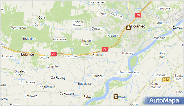 mapa Ruszcza gmina Połaniec, Ruszcza gmina Połaniec na mapie Targeo