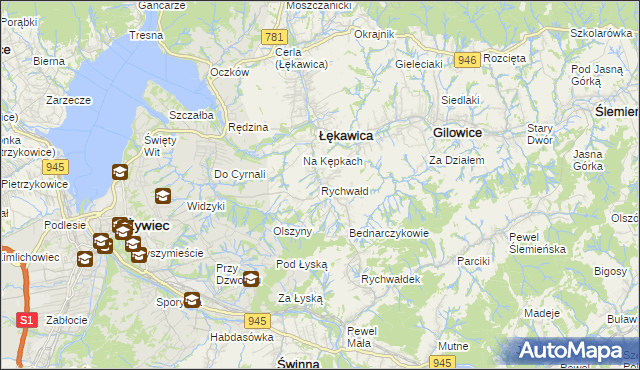 mapa Rychwałd gmina Gilowice, Rychwałd gmina Gilowice na mapie Targeo