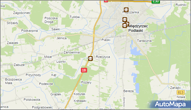 mapa Rzeczyca gmina Międzyrzec Podlaski, Rzeczyca gmina Międzyrzec Podlaski na mapie Targeo