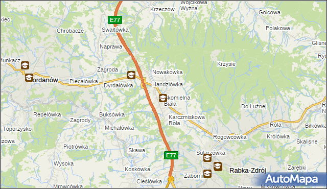 mapa Skomielna Biała, Skomielna Biała na mapie Targeo