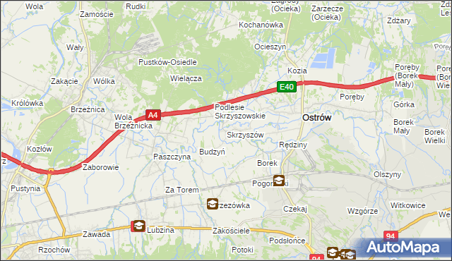 mapa Skrzyszów gmina Ostrów, Skrzyszów gmina Ostrów na mapie Targeo