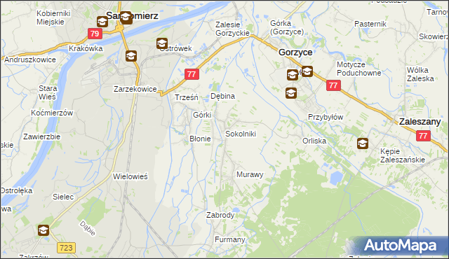 mapa Sokolniki gmina Gorzyce, Sokolniki gmina Gorzyce na mapie Targeo