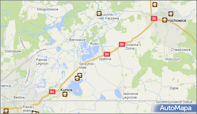 mapa Spalona gmina Kunice, Spalona gmina Kunice na mapie Targeo