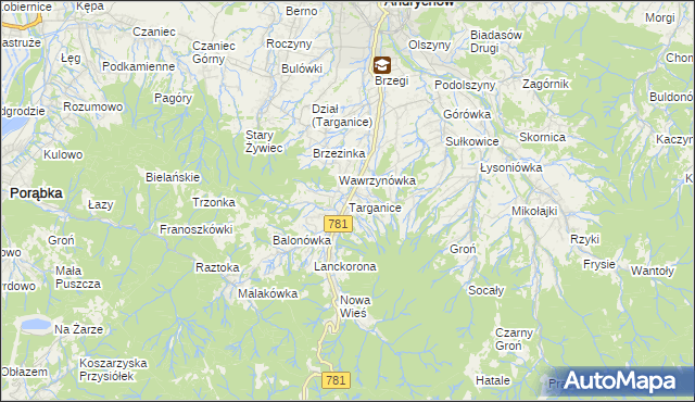 mapa Targanice, Targanice na mapie Targeo