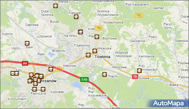 mapa Trzebinia powiat chrzanowski, Trzebinia powiat chrzanowski na mapie Targeo