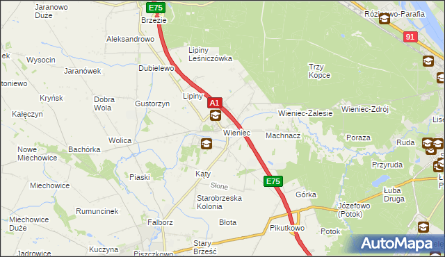 mapa Wieniec gmina Brześć Kujawski, Wieniec gmina Brześć Kujawski na mapie Targeo